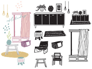 白黒、モノトーン、線画のイラスト(手書き、オシャレ、雑誌、ファッション、可愛い、インテリア、部屋、家具) Illustrations in black and white, monotone, and line drawings.Handwriting, fashion, magazines, fashion, cute, interior decoration, rooms .