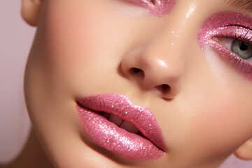 woman face with glitter Y2K style pink make up close up