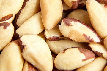 Brazil nuts background closeup. Shelled brazil nuts, top view