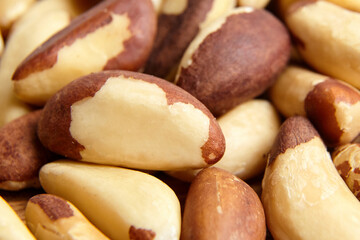 Brazil nuts closeup background. Shelled brazil nuts