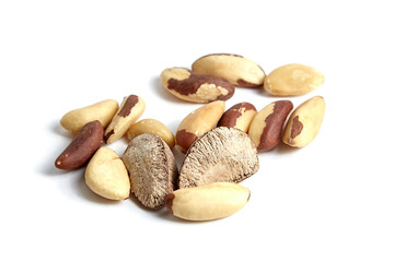 Brazil nuts isolated on white. Shelled Brazil nuts closeup
