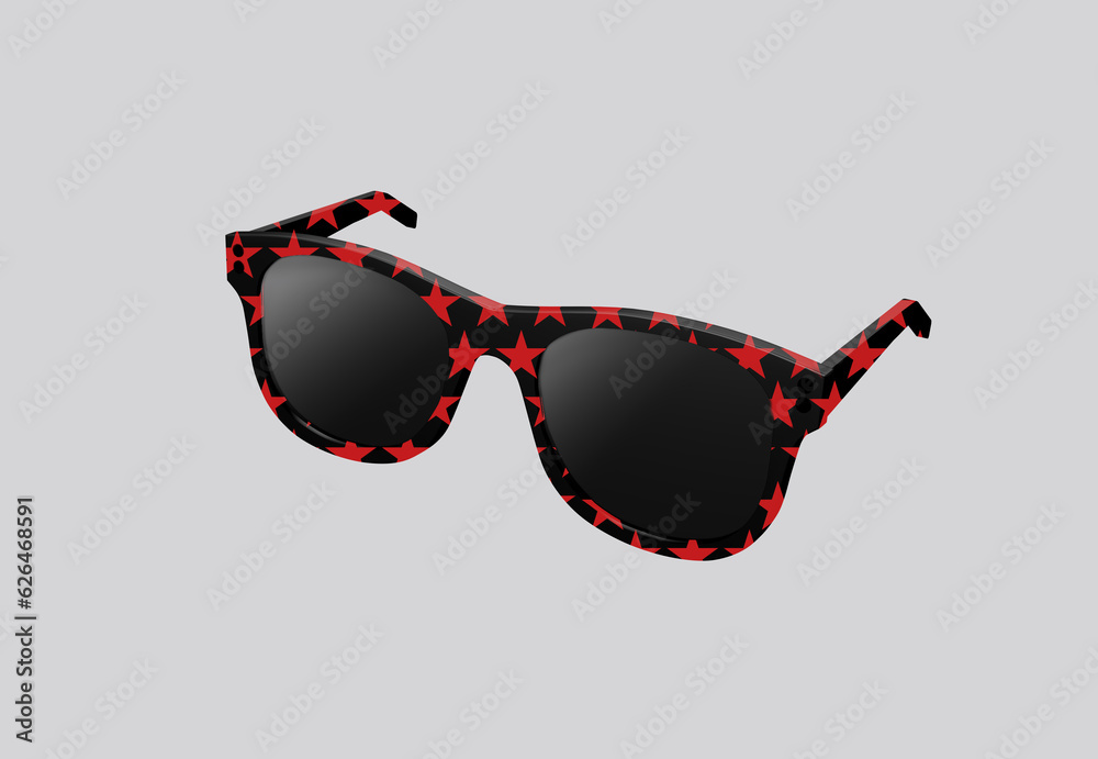 Wall mural 3D illustration black fashion sunglasses with red star pattern and black lens optic isolated on gray background