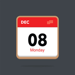 monday 08 december icon with black background, calender icon