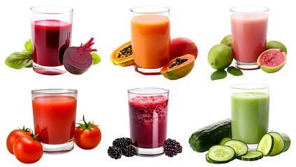 Freshly pressed Fruit vegetable juice smoothie with fruits veggie toppings on transparent background cutout. PNG file. Many assorted different flavour. Mockup template for artwork design - obrazy, fototapety, plakaty