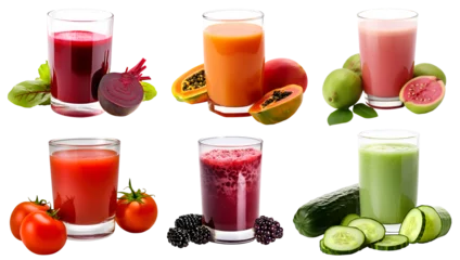 Poster Freshly pressed Fruit vegetable juice smoothie with fruits veggie toppings on transparent background cutout. PNG file. Many assorted different flavour. Mockup template for artwork design © Sandra Chia