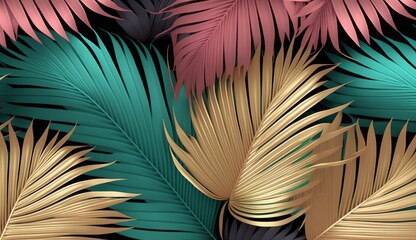 Tropical background, colorful textured palm leaves, golden, pink, green. Seamless pattern. Hand-drawn premium vintage 3d illustration. Luxury wallpapers, fabric printing, mural, cloth, Generative AI