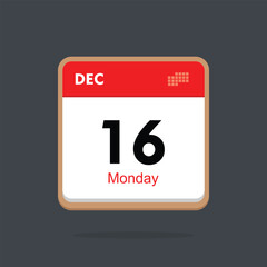 monday 16 december icon with black background, calender icon