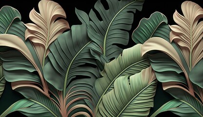 Tropical background, seamless border, luxury wallpaper, pattern, texture. Vintage green and beige banana leaves, palms, jungle. Hand-painted watercolor 3d illustration. Premium mural, Generative AI
