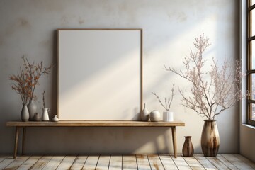 Mockup of a white blank frame on the table. Beautiful modern minimalist decor. morning light from the window