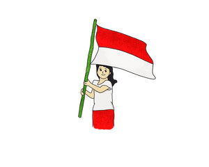 a woman holding a red and white flag, indonesian freedom