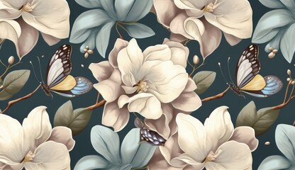 Floral background, seamless pattern. Big magnolia flowers, butterflies. Watercolor vintage 3d illustration. Blue abstract background. Luxury wallpaper, cloth, tapestry, fabric printing, Generative AI