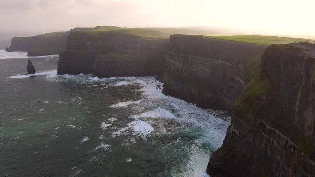Scenic aerial view of Cliffs of Moher at sunrise in Ireland at summer morning