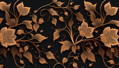Dark golden vintage ivy leaves, beautiful delicate flowers. Floral seamless pattern. Hand-drawn premium 3D illustration. Glamorous exotic tropical background. Luxury wallpapers, cloth, Generative AI - obrazy, fototapety, plakaty