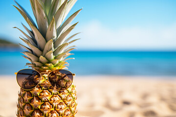 Pineapple fruit with sunglasses with beach in background