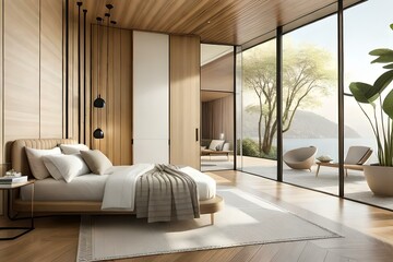 **A cozy beige Japandi bedroom interior, bathed in warm morning sunlight, 3d render4k, 8k, 16k, full ultra hd, high resolution and cinematic photography --ar 3:2  --v 5 --upbeta --v 5 --Screen Space R