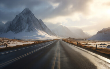 Generative AI : Snowy dangerous road in a solitary countryside landscape