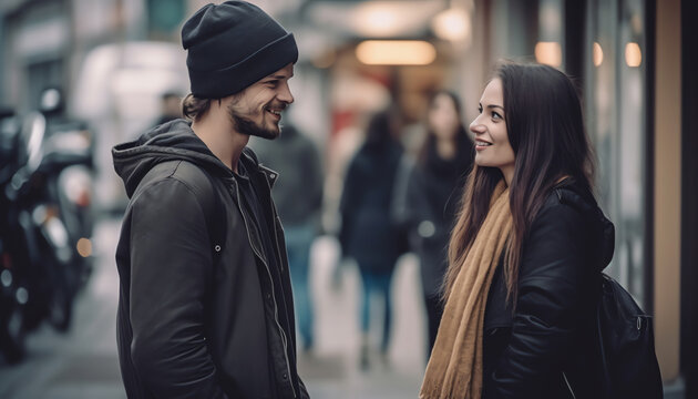 Generative AI : Strangers girl and guy flirting looking each other on the street