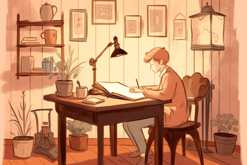 Generative AI : Student studying writing notes in a notebook in a table at home