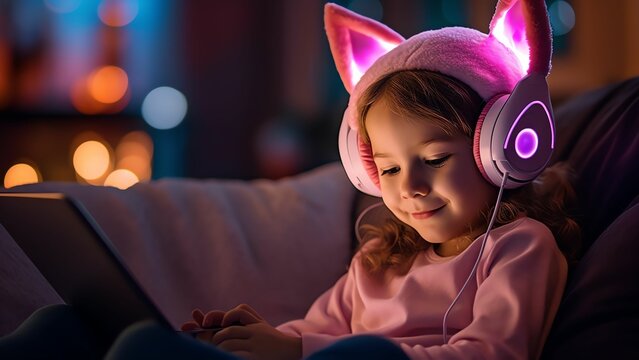 Generative AI : Surprised girl wearing headphones checks tablet content sitting on a couch in the night at home