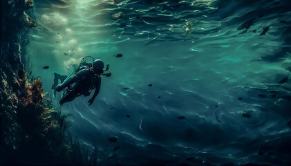 scuba diver in a cave. Created with generative AI technology