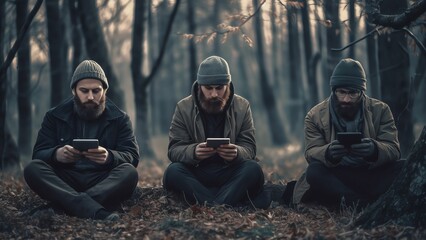 Generative AI : Three friends using multiple devices outdoors sitting outdoors in a park