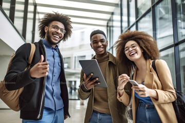 Fototapeta premium Generative AI : Three happy students looking at you with thumbs up in an university campus