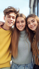 Generative AI : Three happy teen friends sharing smart phone content outdoors