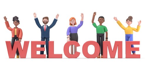 Set of different nationality people greeting gesture, waving hand. Concept new team member.3D rendering on white background.
