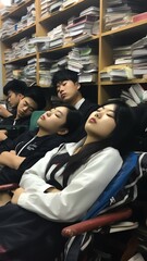 Generative AI : Tired student sleeping in a class at classroom between other classmates