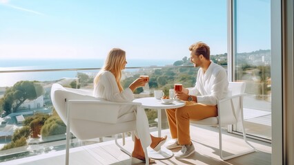 Generative AI : Two friends talking in an hotel terrace on holidays with the beach in the background