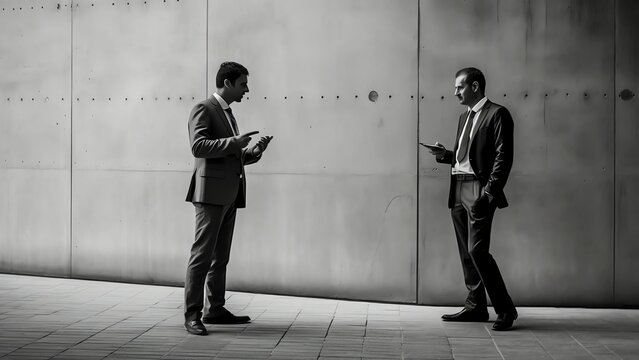 Generative AI : Two envious business competitors meeting and looking each other with hate on the street