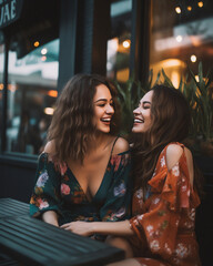 Generative AI : Two happy friends talking and laughing sitting in a restaurant terrace