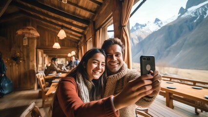 Generative AI : Two happy tourists holding paper map and mobile phone pointing away in a balcony on winter holiday