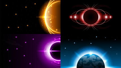 Set Sun Eclipse Solar Collection Color Fire Dark Background Vector Moon Design Style Space Science Glow Light