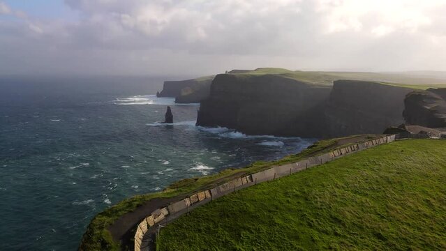Scenic aerial view of Cliffs of Moher at sunrise in Ireland at summer morning