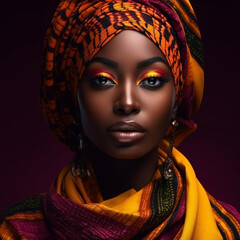 Vibrant Black Beauty Woman in Orange, Purple, and Yellow Head Wrap - Generative Ai