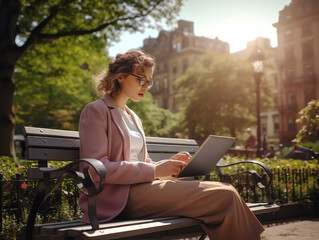 Generative AI : Woman reading an ebook or tablet in an urban park with buildings in the background