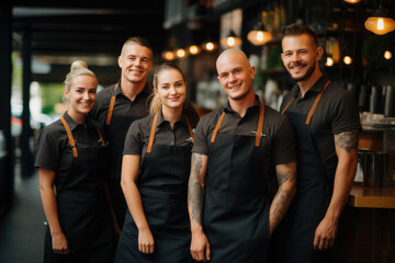 The barista team smile in uniform in the cafe ready to work