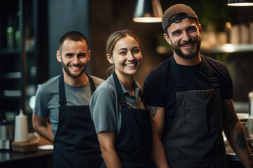 Three barista smile in uniform at the cafe