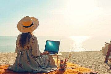Generative AI : Woman using laptop showing blank screen on a beautiful beach on summer vacation
