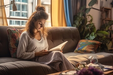 Obraz premium Generative AI : Worried woman reading a letter sitting on a couch in the living room at home