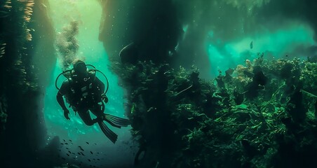 Naklejka na ściany i meble divers in the aquarium. Created with generative AI technology