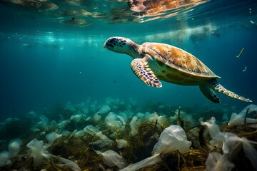 Obraz premium Compelling image of sea turtle amidst ocean pollution