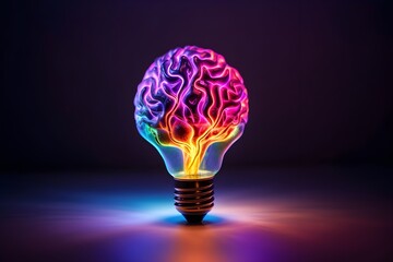 glowing brain in bulb psychedelic portrait art in black background With neon lighting 