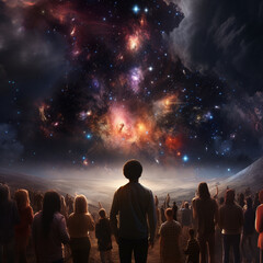 a high-definition, ultra-realistic image. The scene should display a large, diverse group of people from all genders. They are seen from behind, their heads turned upwards, all gazing at the sky. Obje
