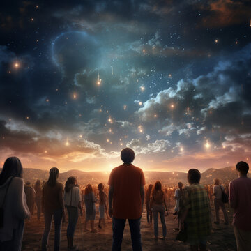 a high-definition, ultra-realistic image. The scene should display a large, diverse group of people from all genders. They are seen from behind, their heads turned upwards, all gazing at the sky. Obje