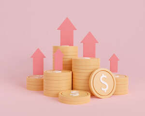 3d render coin stack and red arrow up. business investment finance growth. Profit and cash income. 3d rendering illustration minimal style.