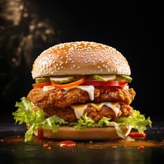 A double chicken burger with salad. - obrazy, fototapety, plakaty