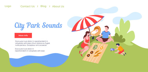 Naklejka premium City park sounds, family on picnic website page