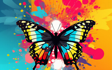 Colorful butterfly on abstract background in pop art style. Generative AI technology.